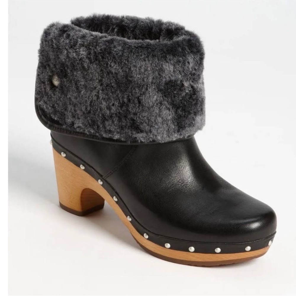 NEW UGG “Lynnea II” Black Leather Boots with real lamb fur NWOT women size 6